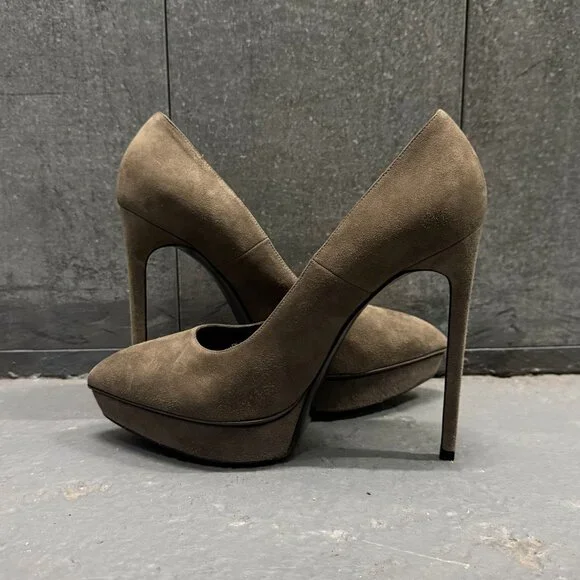 SAINT LAURENT PARIS dark gray suede leather platform stiletto heel shoes - Picture 6 of 9